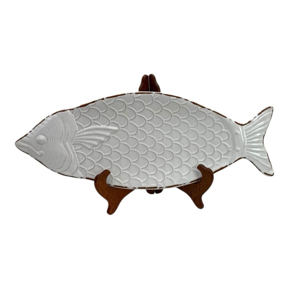 Mud Pie Key West Fish Shaped Serving Platter White Coastal Beach Tray‎ 15x6 EUC